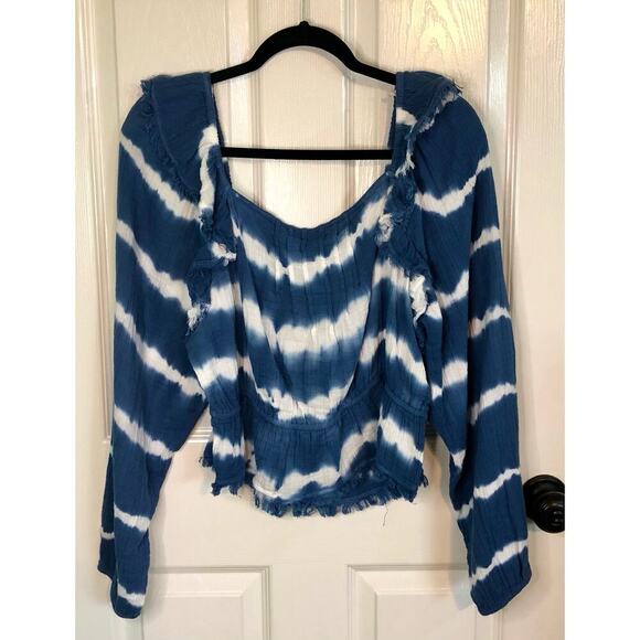 NWT True Craft Blue & White Tie Dye Raw Edge Women’s XL Long Sleeve Boho Shirt - Picture 2 of 10